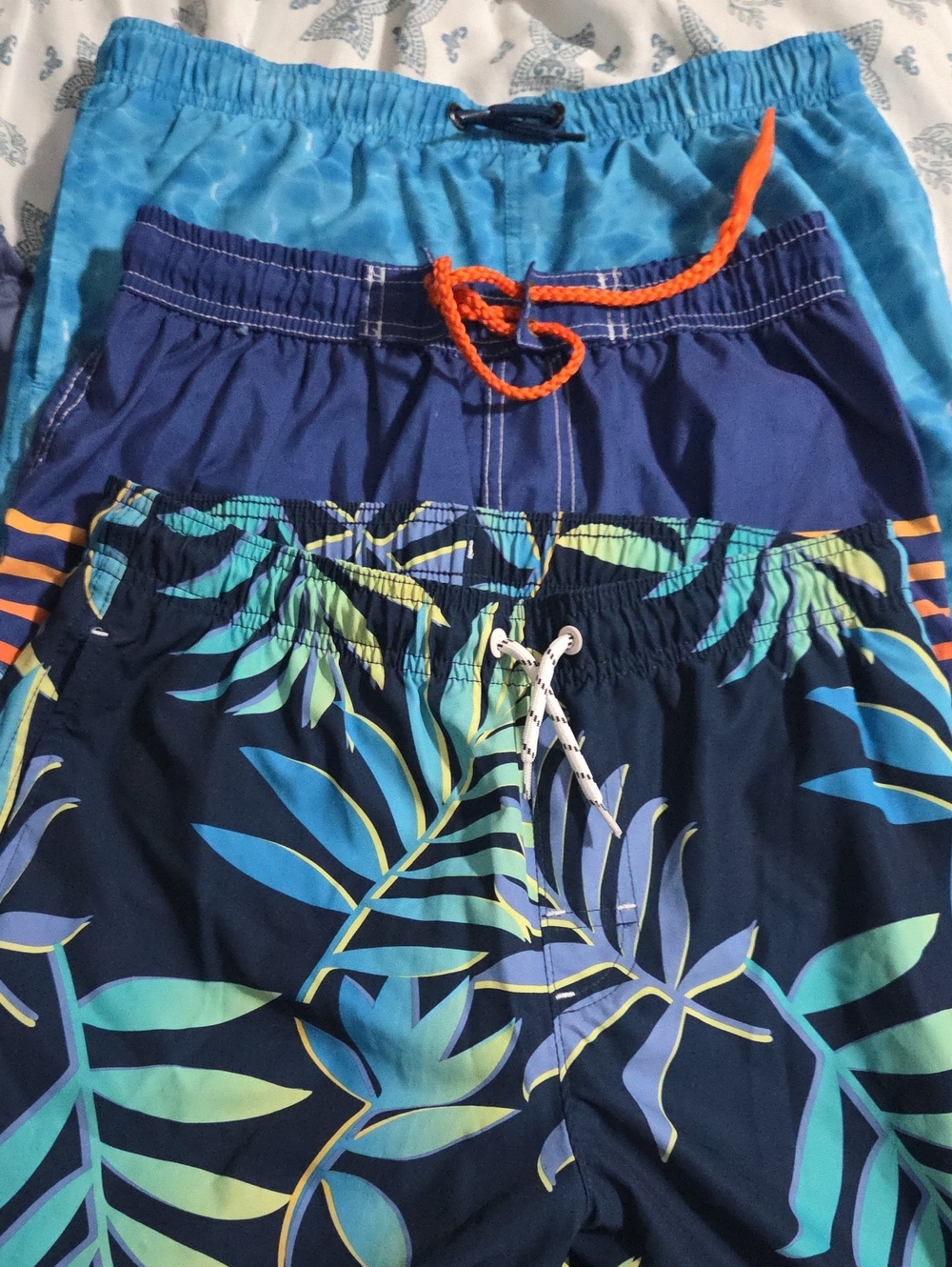 Boys Blue Tropical Print Swim Trunks with Drawstring.  3 Pair XL Boy.